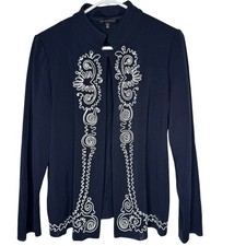 Ming Wang Womens Navy Embroidered Blazer Sz M Office Work Mature Quiet Luxury