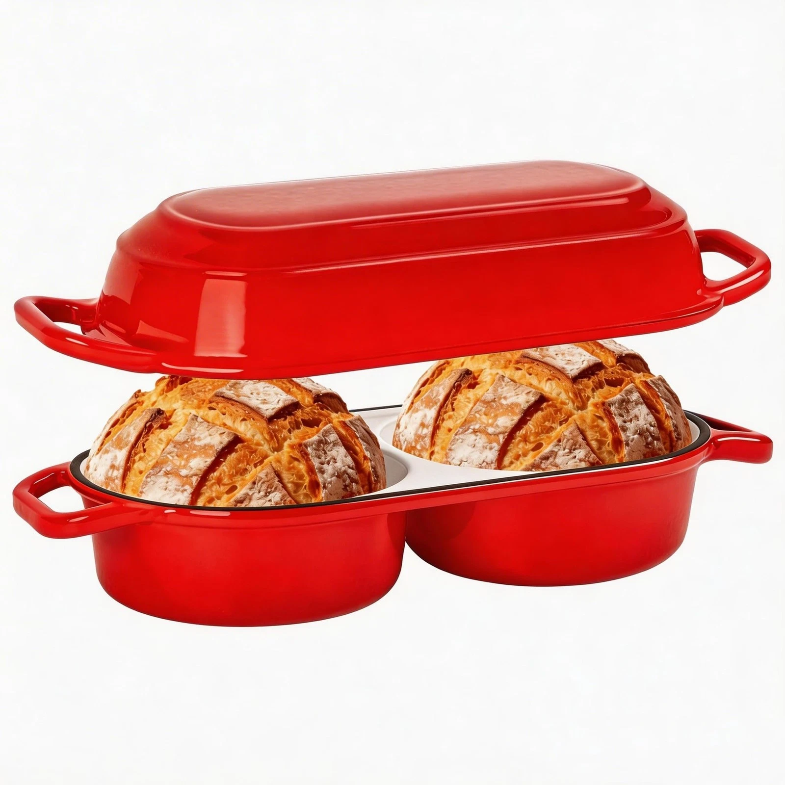 Dutch Oven 2.2QT Enameled Cast Iron Bread Baking Pan 500 F Safe Mini Double Dual