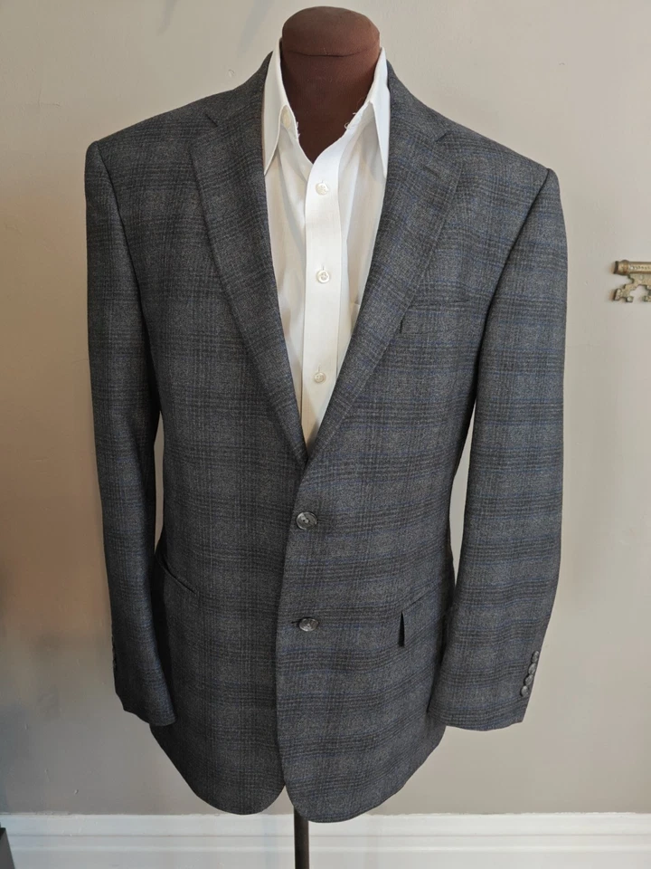 🇺🇲 Abrigo deportivo Jos A Bank Traveler para hombre 42L azul gris a cuadros dos botones de lana Foto 3 de 4