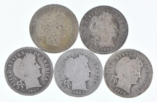 Better Lot 5 1910-D 1893 1903-O 1903-O 1902-O Barber Dime 0.50 Face *173