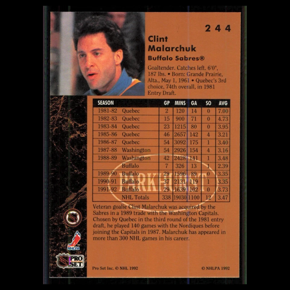 Clint Malarchuk #244 1991 Parkhurst Buffalo Sabres Hockey Card NHL NM - Image 2 of 3