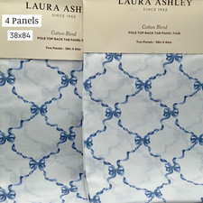 Laura Ashley Set of 4 Curtains Panels 37x84 Blue Bow Ribbon White New Cotton