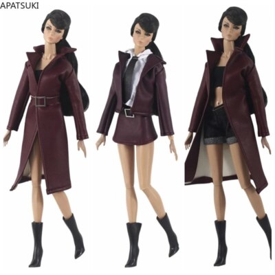 Lila Lederkleidung Set für Barbiepuppe Outfit Lange Jacke Oberteil Kurze Stiefel