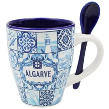 Algarve Blue Azulejo Pattern Ceramic Mug with Integrated Spoon