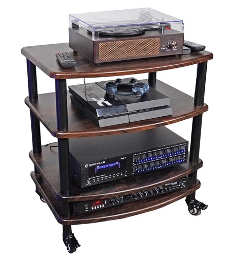 Rockville FLX Dark Wood Adjustable Height 4 Shelf Home Theater Audio Rack Stand