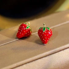 Cute Sweet Red Strawberry Fruit Enamel Earrings Stud Women Party Jewellery Gift