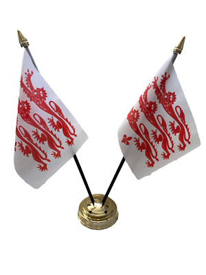Dorset alte Löwen 2 Flaggen Schreibtischplatte Tisch Display Mittelstück Goldfuß 12'' hoch