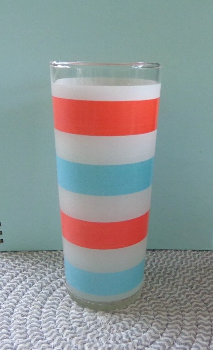 Vintage Retro Glass Tumbler Frosted White Orange & Turquoise Stripe 6 1 2" Tall