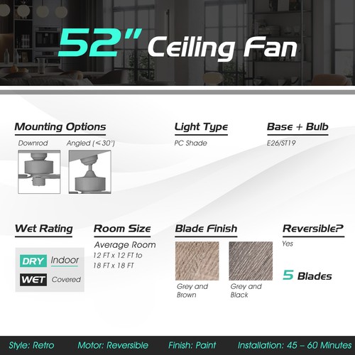 52" Ceiling Fan with 3 Wind Speeds, 5 Reversible Blades & Remote Control Grey - Picture 8 of 10