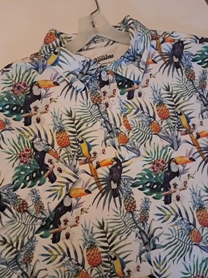 Royal and Awesome Men s Golf Shirt Performance Polo Size Large Tropical Birds 