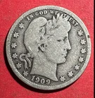 1909D US Barber SILVER Quarter "Denver" Mint! VG! Old US Coin!