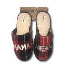 Dearfoams Mama Bear Slippers Red Navy Plaid Slip On Women's XL Memory Foam NEW