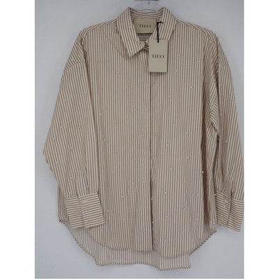 THEO THE LABEL Echo Pearly Shirt Sand Pearl Button Down Small NEW Classic Preppy
