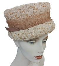 Vintage 1960's Beige Raffia Pillbox Hat w/ Brown Ribbon Netting - Union Made