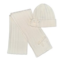 Kate Spade New York Ivory Ribbed Knit Beanie Hat and Scarf Set Bow Detail