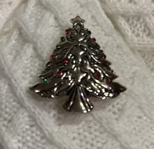 Vintage Silver Christmas Tree Brooch or Pendant With Red & Green Rhinestones 
