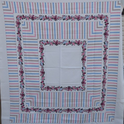 Vintage Stoff Tischdecke rosa blau gestreift Blumenmuster Blumen Topper 53 x 49 - Bild 2 von 5