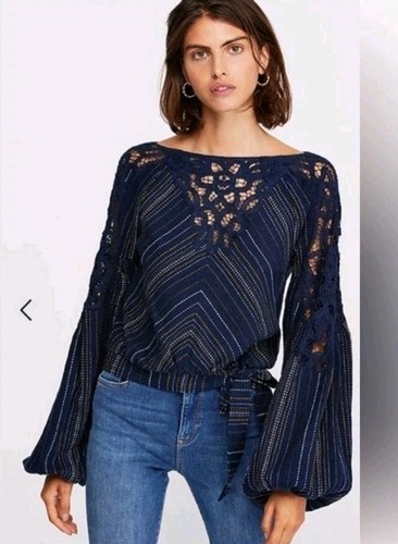Free People Navy Floating Memories Blouse Lace Panel Balloon Sleeves Size Small
