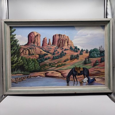 Vintage 1956 Sedona Oil Painting Signed Mae Stewart Framed Cowboy Gordon Horse