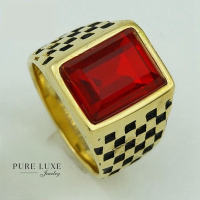 Men's Stainless Steel,Black Red Cubic Zirconia,Ring #8-13 Gold plated.BOX