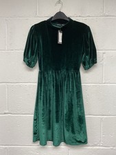 Boohoo Emerald Green Velvet High Neck Puff Sleeve Smock Short Dress Size 10 PK