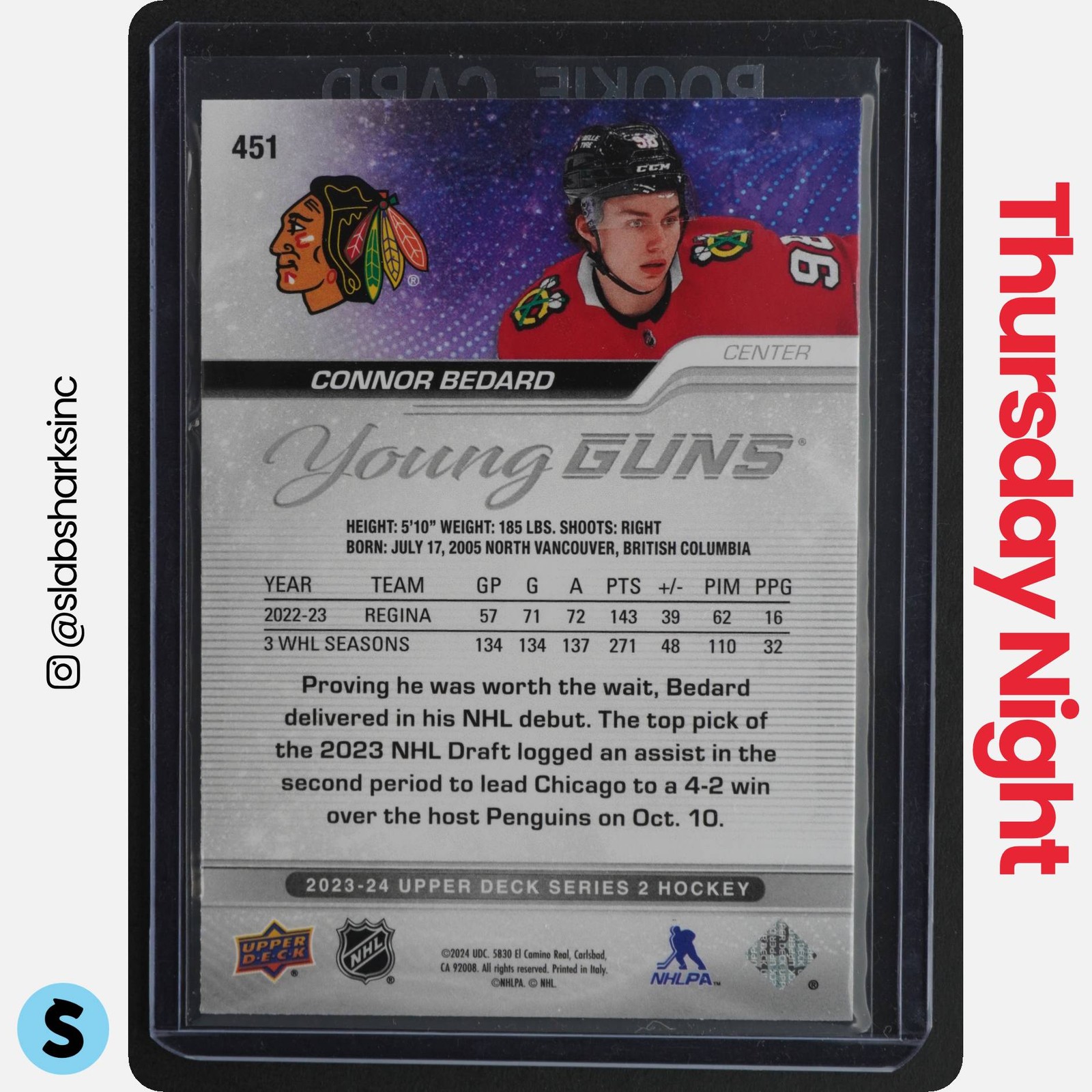 2023 UPPER DECK SERIES 2 #451 CONNOR BEDARD YOUNG GUNS RC ROOKIE view 2