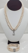 Vintage Sterling Silver Faux Pearl Necklace Mulit Strand Rhinestone Pendant 20"
