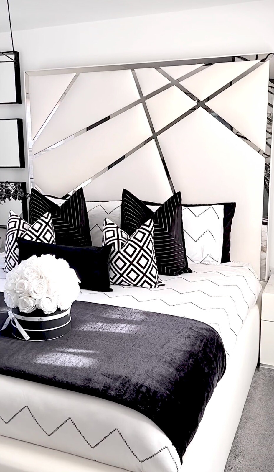 Mirror Inlay Tall High Headboard Velvet Luxury Bed Frame 70 Inch