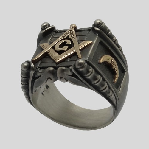 Masonic Ring Sterling Silver 14K Yellow Gold Freemasonry Handmade UNIQABLE Size - Picture 3 of 12