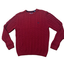 CHAPS Cable Knit Sweater Men M Red Crest logo Ribbed Stretch Vintage Y2k Classic