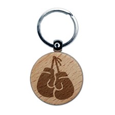 Pair of Boxing Gloves Hanging Engraved Wood Round Keychain Tag Charm