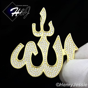 Authentic MEN 925 STERLING SILVER ICY CUBIC ZIRCONIA MUSLIM ALLAH GOLD PLATED PENDANT*G118