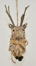 Pottery Barn Reindeer Deer Head Stag 8" Christmas Ornament Bells Natural Bark
