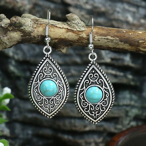 Vintage Turquoise Earrings Ethnic Bronze Geometric Round Pendant Drop Earrings - Picture 29 of 38
