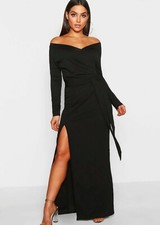 boohoo off shoulder maxi dress UK 8 womens black belted side slit party