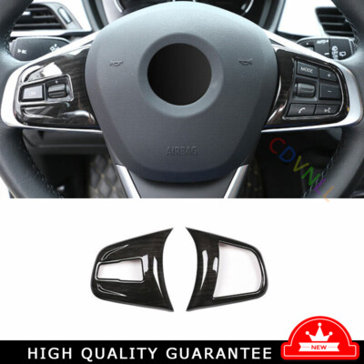Steering Wheel Button Frame Trim 2PCS For BMW X1 F48 2016-2022 Black Wood Grain