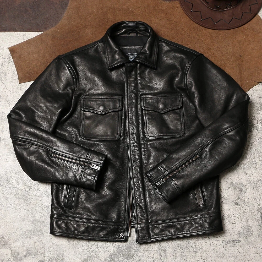 Retro Style Men's Motorcycle Jackets Short Zipper Real Leather Cowhide Coats