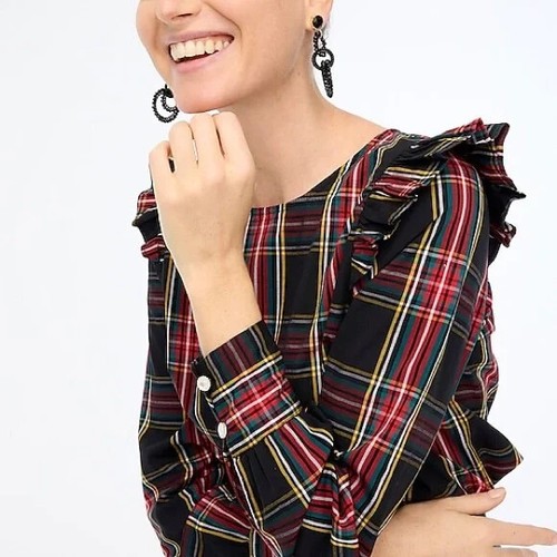 Top J Crew BM024 NUEVO CON ETIQUETAS Grande Algodón-Poplin Stewart Tartán Cuadros Popover con Volantes - Imagen 2 de 5