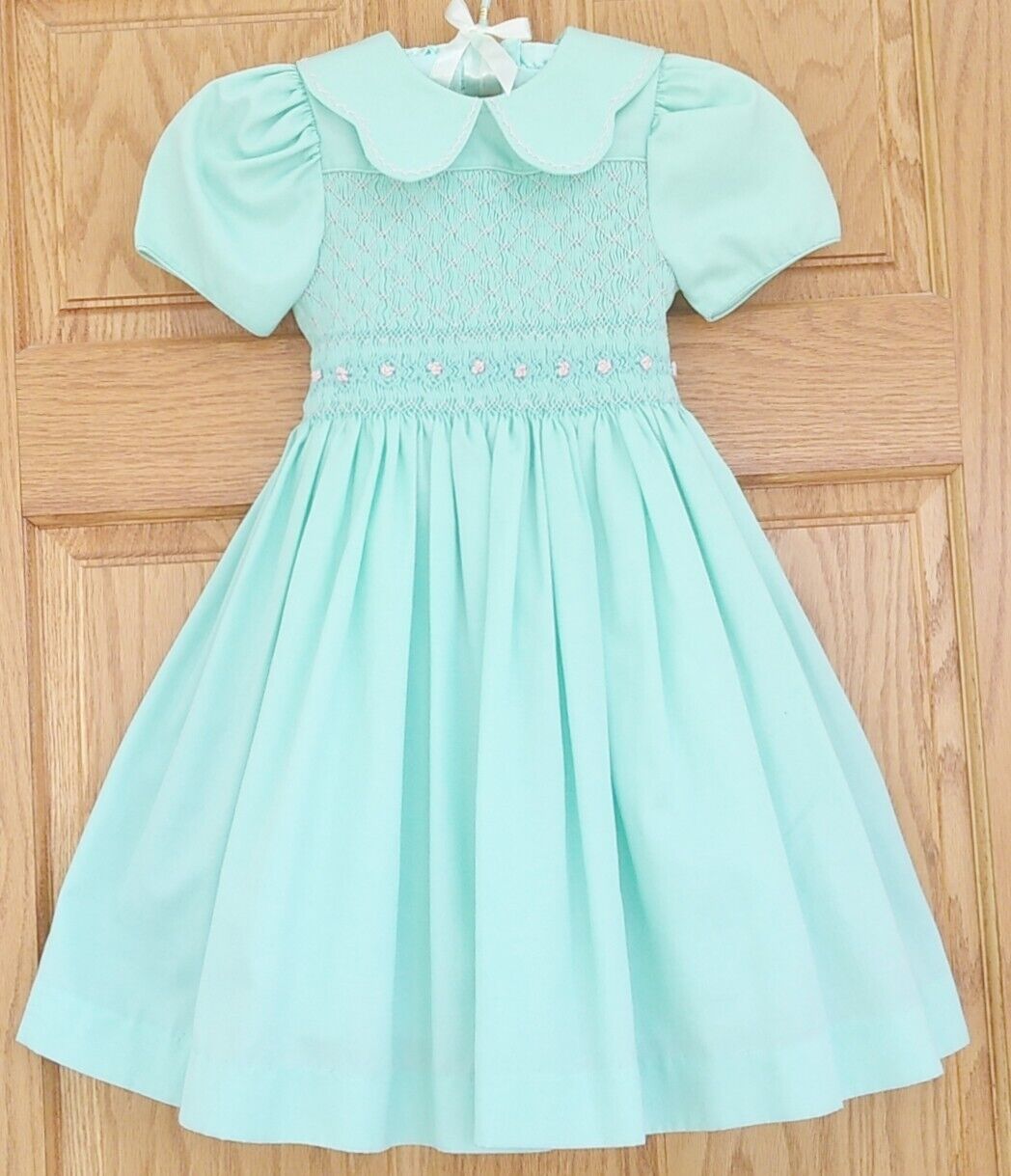 VINTAGE  BABY GIRLS SMOCKED MINT GREEN  PARTY DRE… - image 2