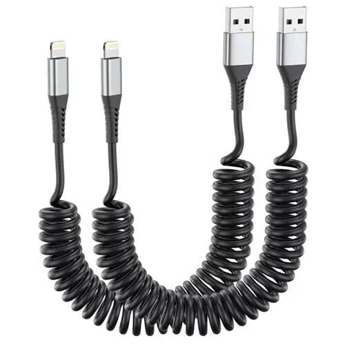 Coiled Lightning Cable for Car, [MFi Certified] Short Retractable iPhone Char...-image
