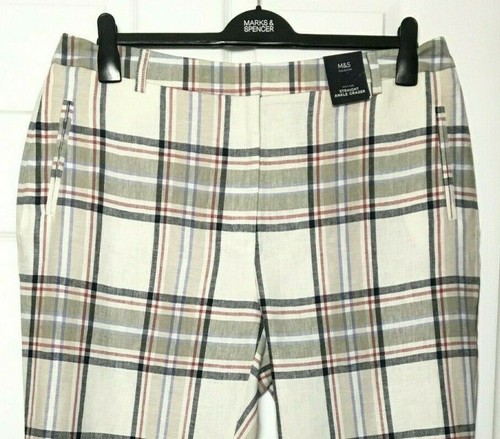 M\u0026S Ladies Trousers Ivory Check Linen 