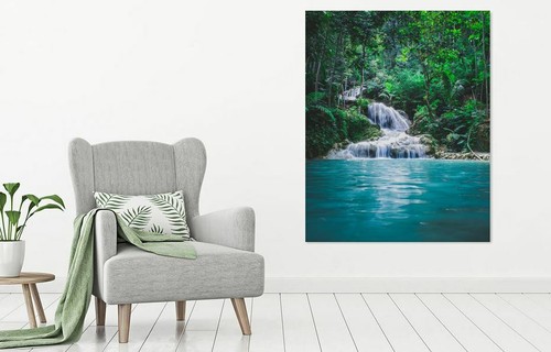 A Picturesque Waterfall Flowing Amidst Dense Forest Background, A