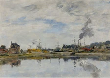 Beautiful Oil painting impressionism landscape with Factories along the river