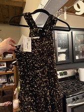 Black Gold Sequin Halter Bodycon Midi Dress Sleeveless Mesh Zip S