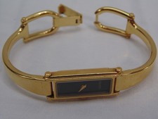 Vintage Gucci 1500 Gold Plated Horsebit Bangle Watch Black Dial Quartz Watch 