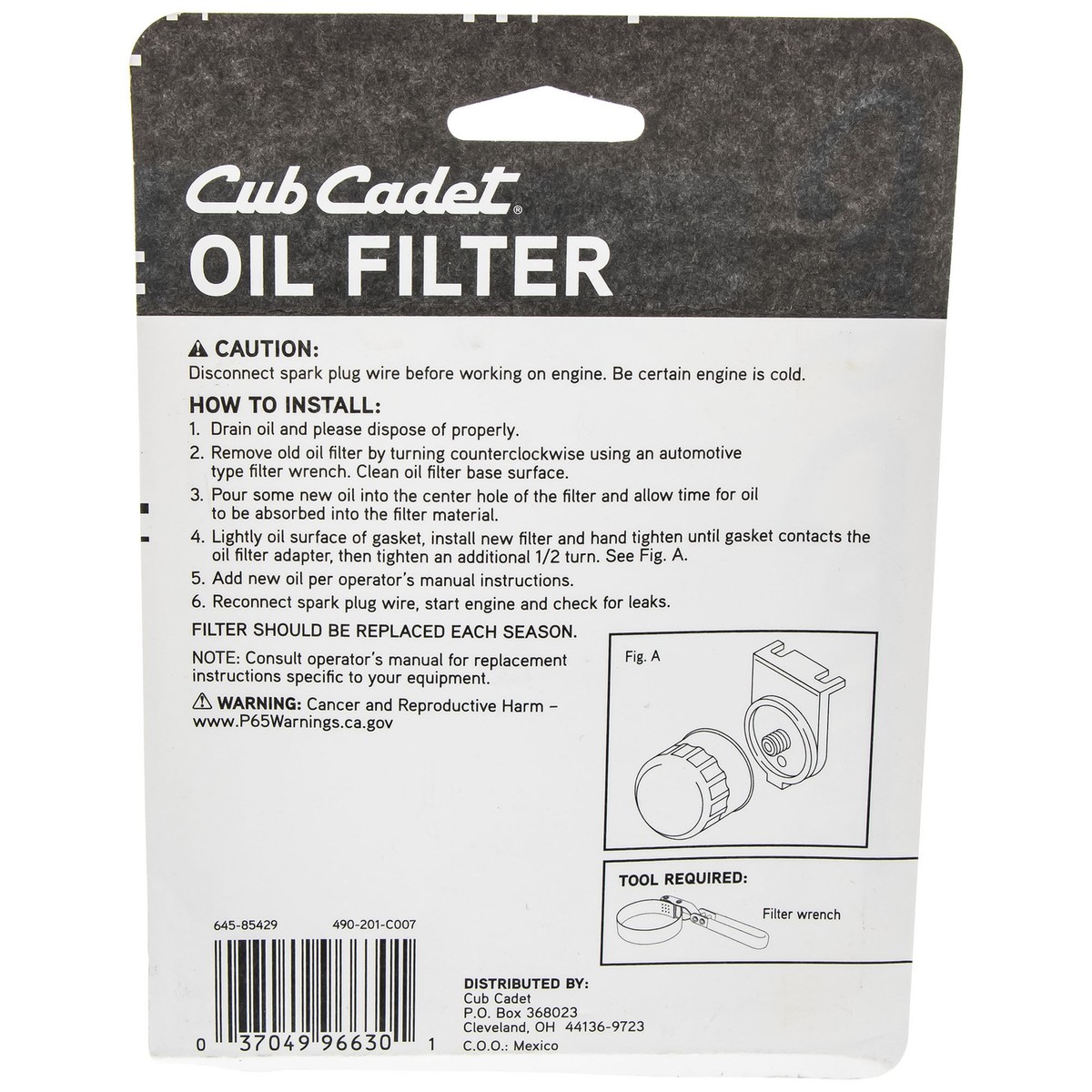 CUB CADET 490-201-C007 Oil Filter RZT SX42 SX46 SX50 XT2 LX46