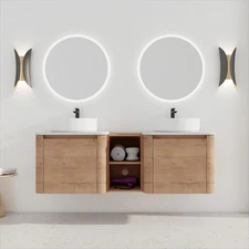 60'' Wall-Mounted Bathroom Vanity Double Ceramic White Vessel Sink 4 Doors Wood