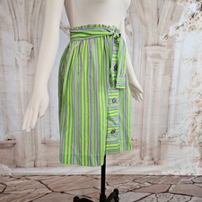 Vintage 1970s Skirt Button Front Spring Green Purple Striped Tie Belt Elastic