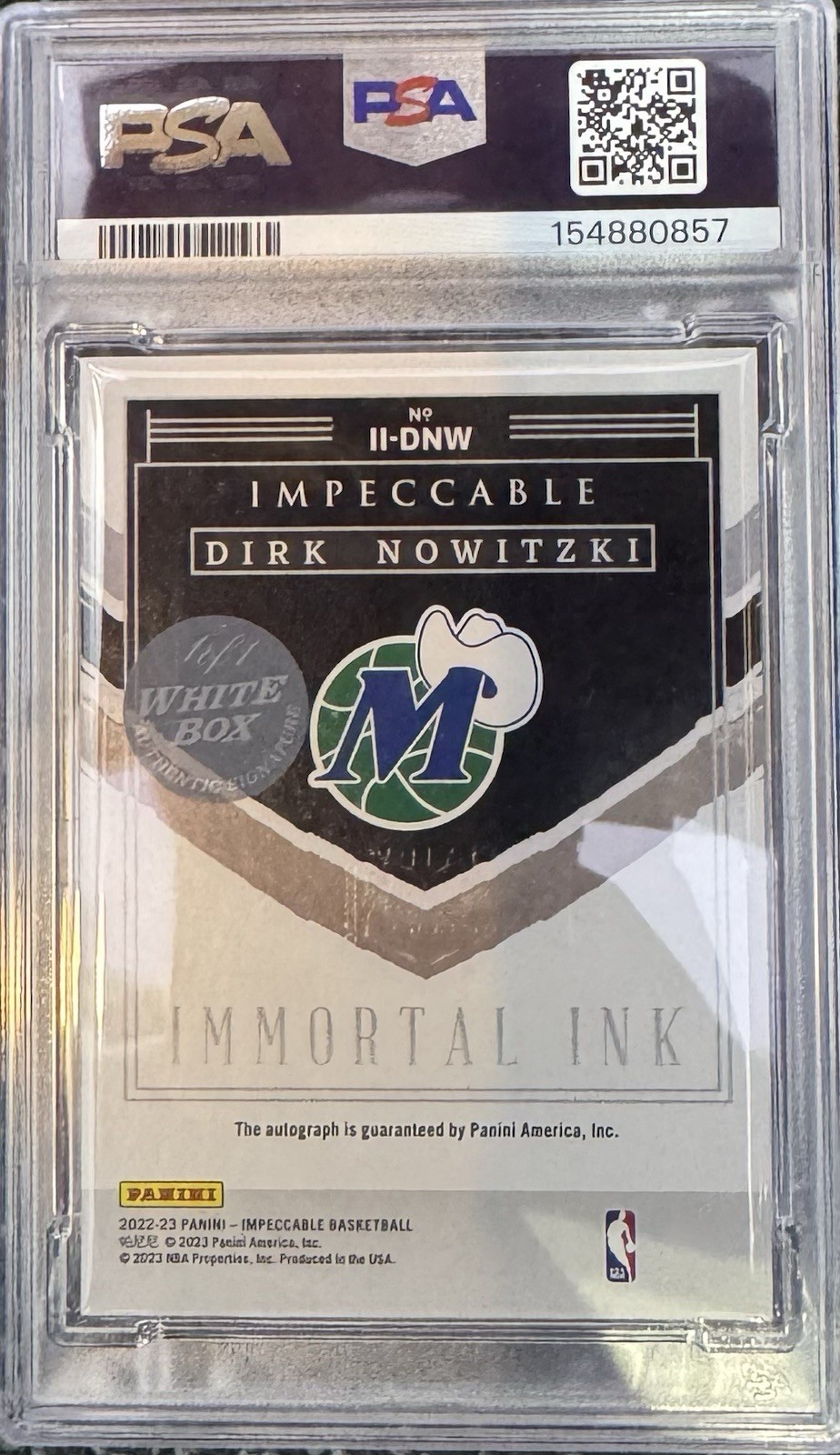 2022-23 Impeccable Dirk Nowitzki Immortal Ink Auto White Box #1/1 PSA AUTHENTIC view 2