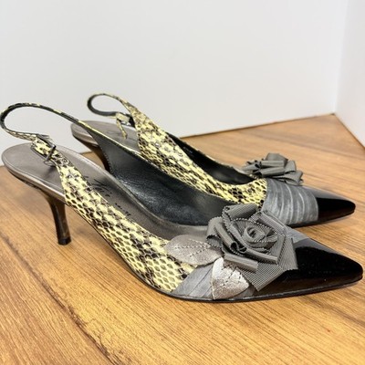 Beverly Feldman Shoes Womens 8.5 Black Snake Print Floral Bow Slingback Heels